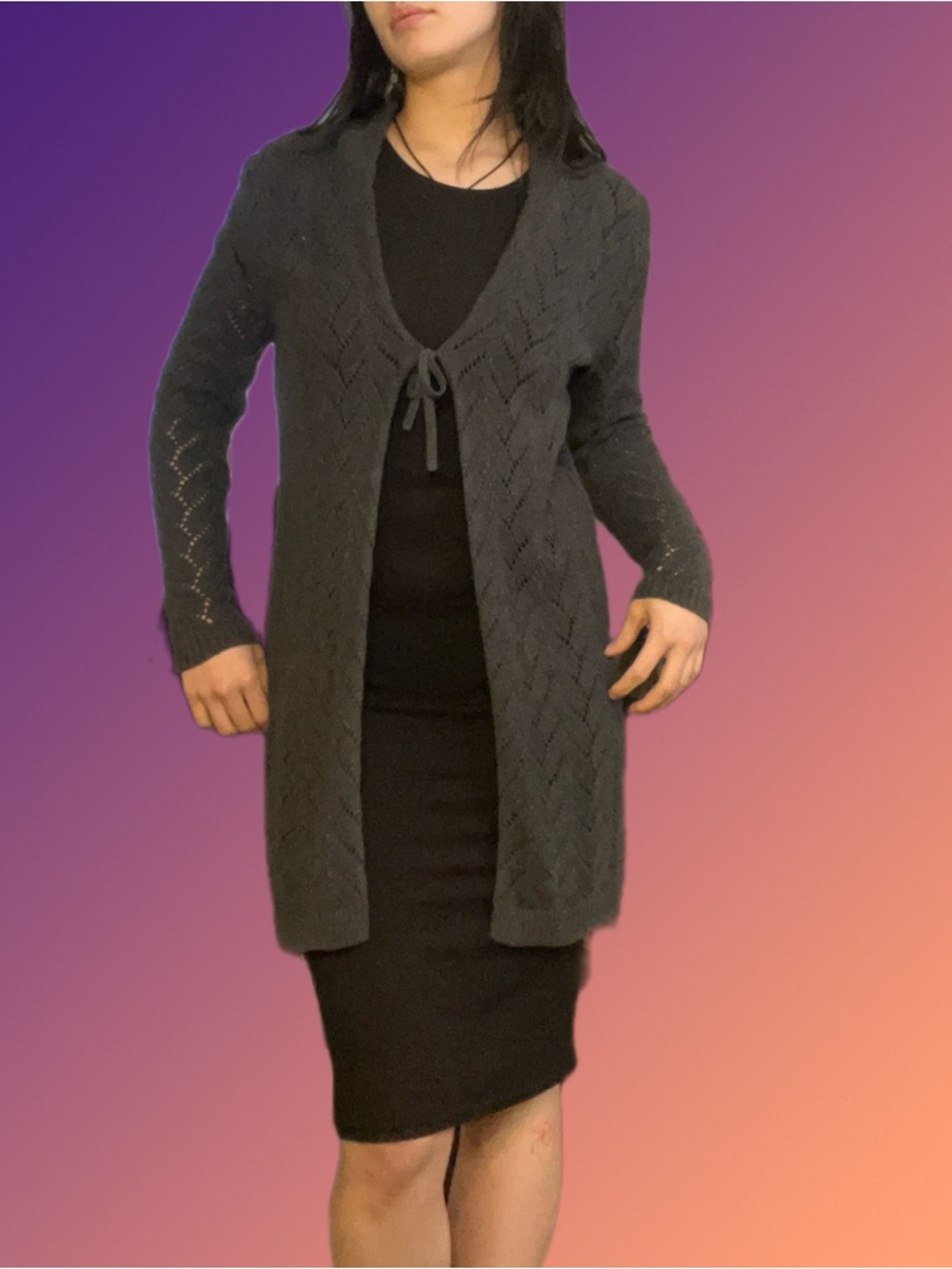Leo & Nicole Charcoal Open Knit Tie Front Cardigan – Size S/P Lightweight Layer